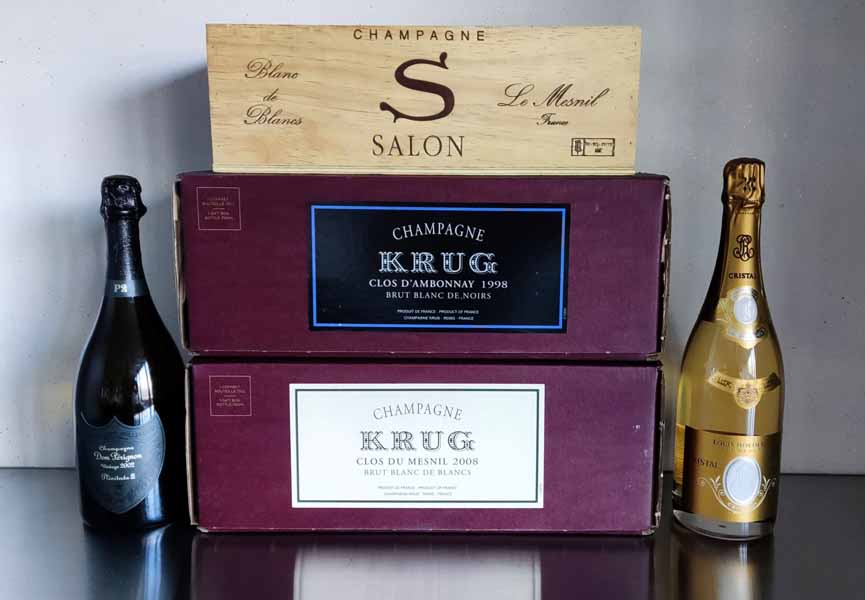 Ikonen der Champagner Welt, Salon, Krug, Dom Perignon, Roederer Cristal, in der Flasche und Verpackung. Wein zum investieren.